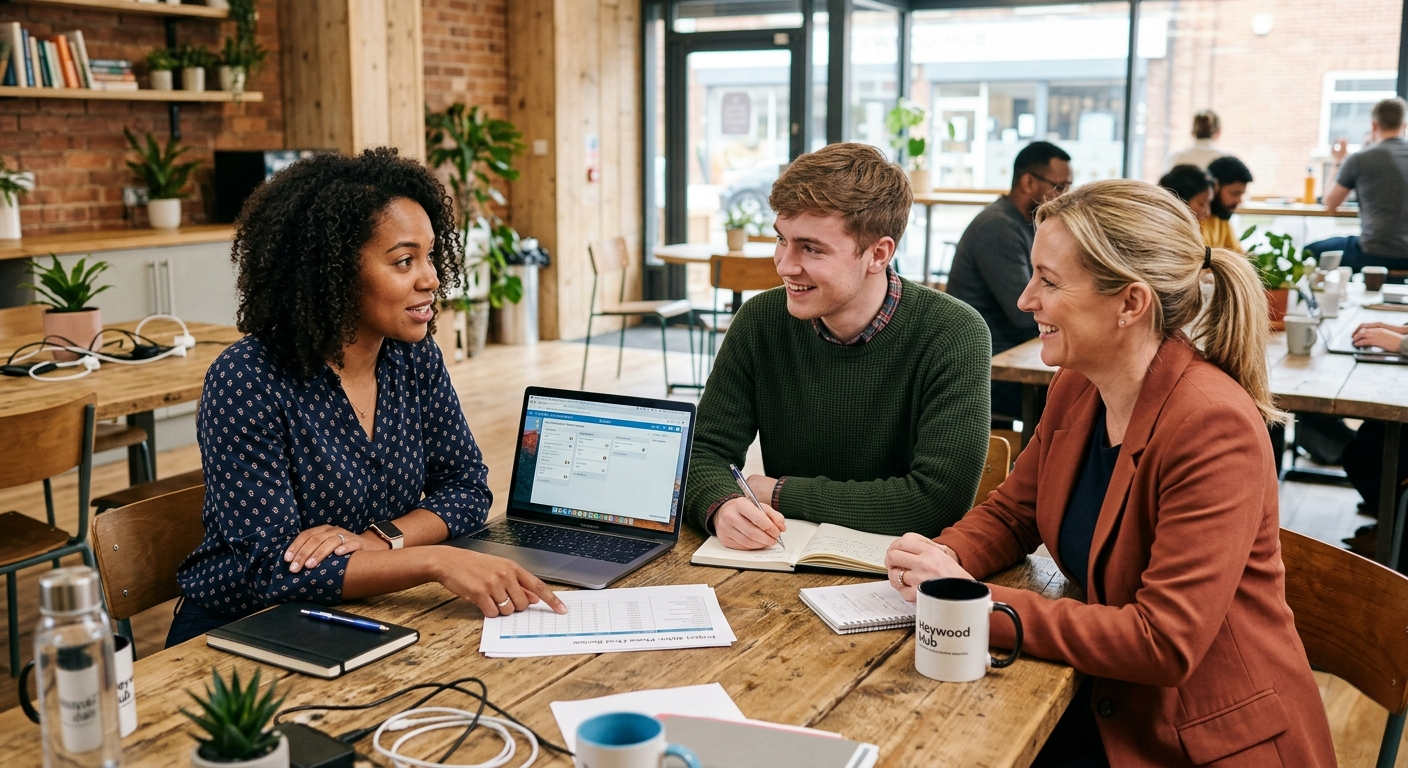 Key2Stay team members reviewing a property management portfolio in a bright London office
