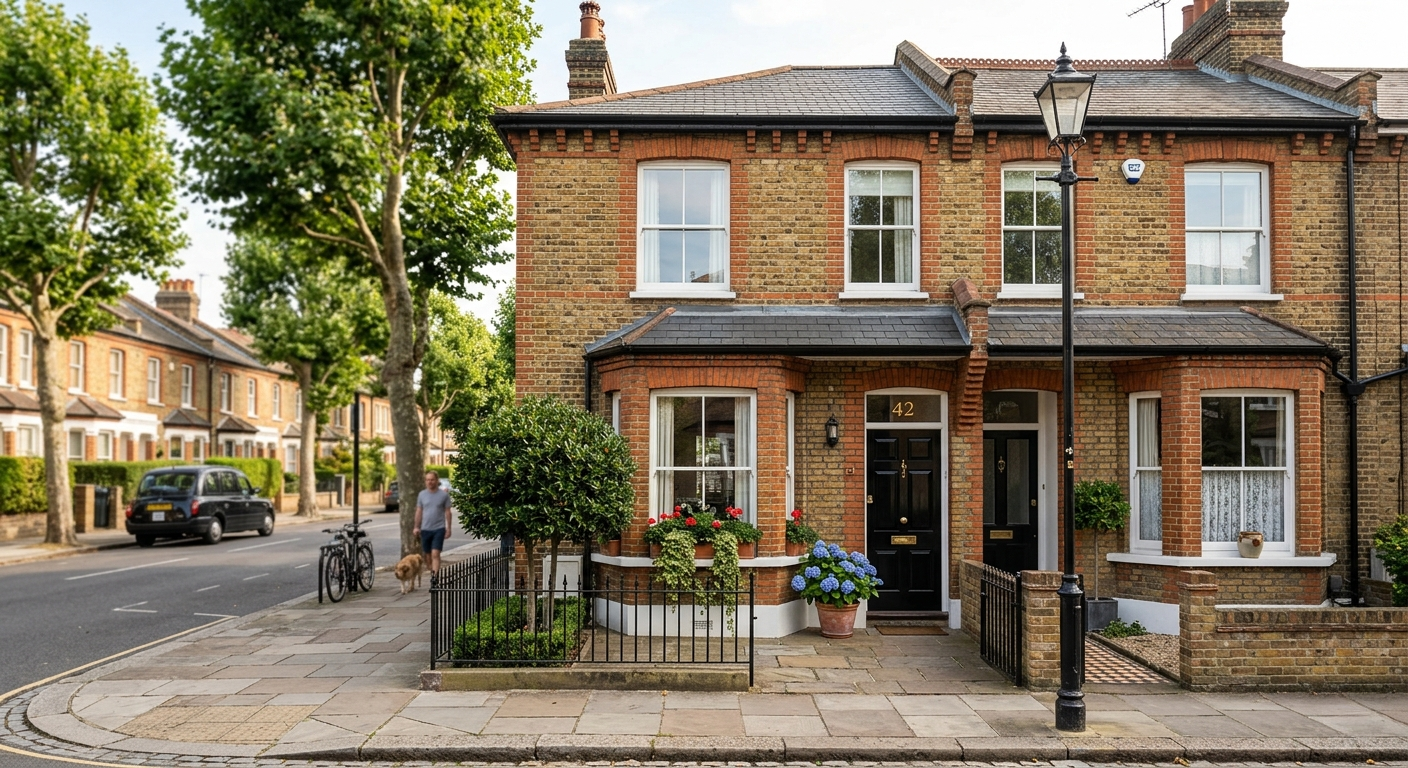 An elegant brick London townhouse with large white-framed windows representing high quality Social Housing