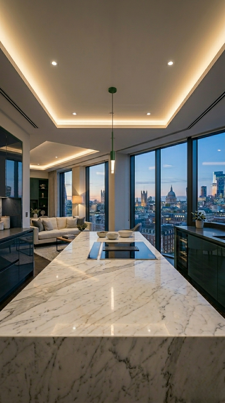 Luxury penthouse open plan kitchen with marble breakfast bar and ambient warm ceiling lighting