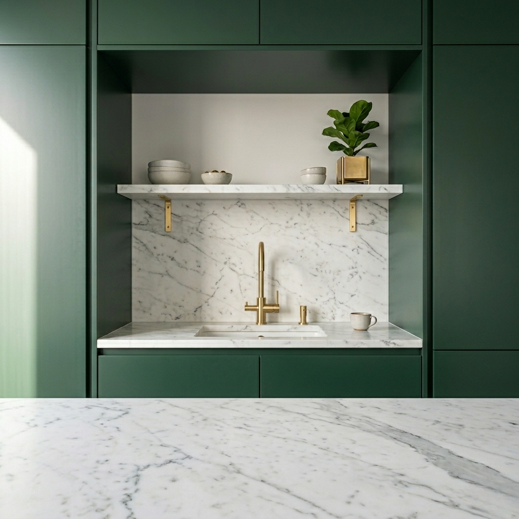 Contemporary rich green kitchen setup with premium gold water tap fixtures