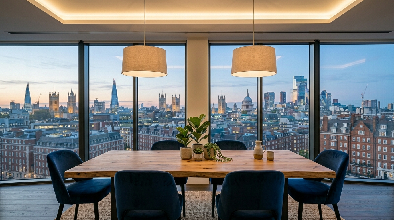 Spacious dining space with solid wood table paired with pristine comfortable green seating options overlooking London Shard views