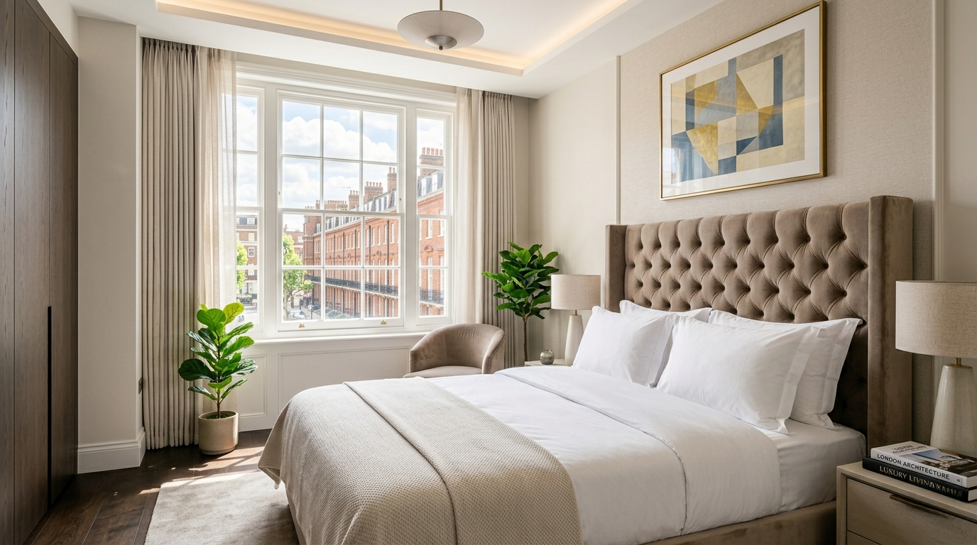 Luxurious boutique classic master size bedroom setup with high quality pristine linens