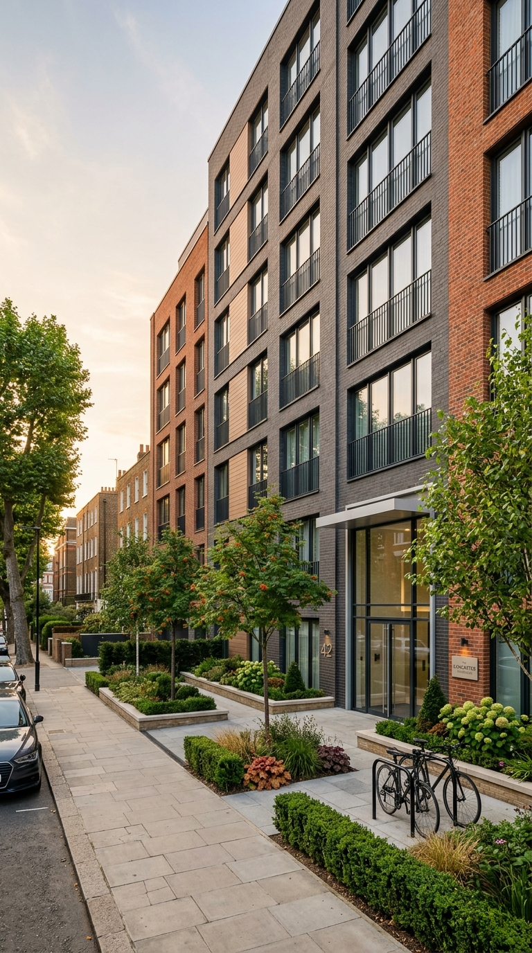 Prism brick front exterior of a newly refurbished central london apartment building